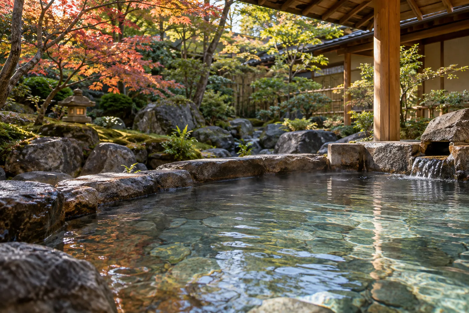 木造の建物と苔庭に囲まれた石造りの露天風呂のイメージ