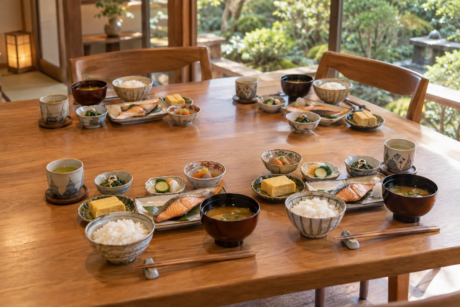 庭を望む窓辺の木の食卓に並ぶ4人分の和朝食のイメージ